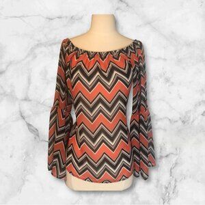 Bohemian Off Shoulder Bell Sleeve Ikat Print Top Large